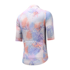 Back view of C&C Vapour Jersey - Womens. Pastel watercolor print in pink, blue, and purple with three pockets.
