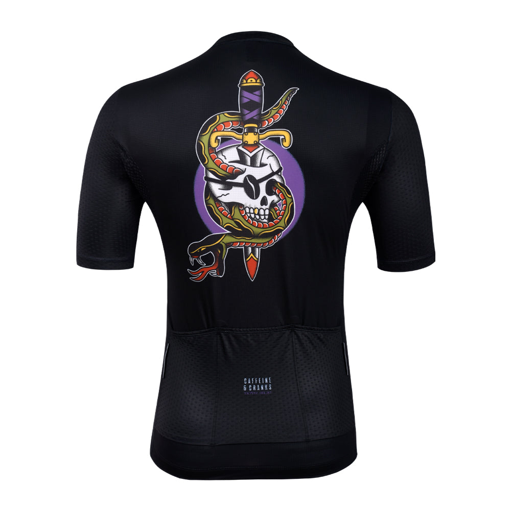 C&C Tattoo Series mens jersey back: black with skull, snake, sword & purple circle design.