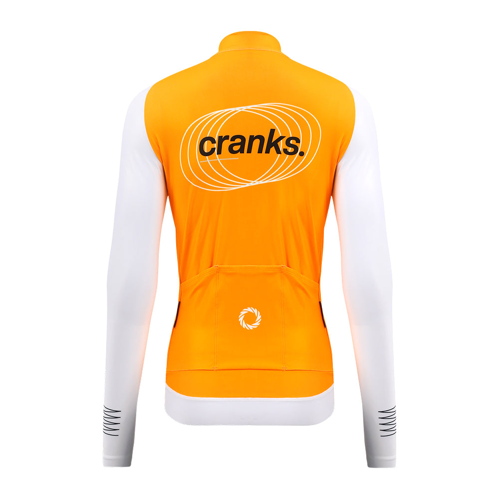 Back view of women's Pinnacle Thermal Jersey in Solarflare orange with white sleeves and "cranks." logo.