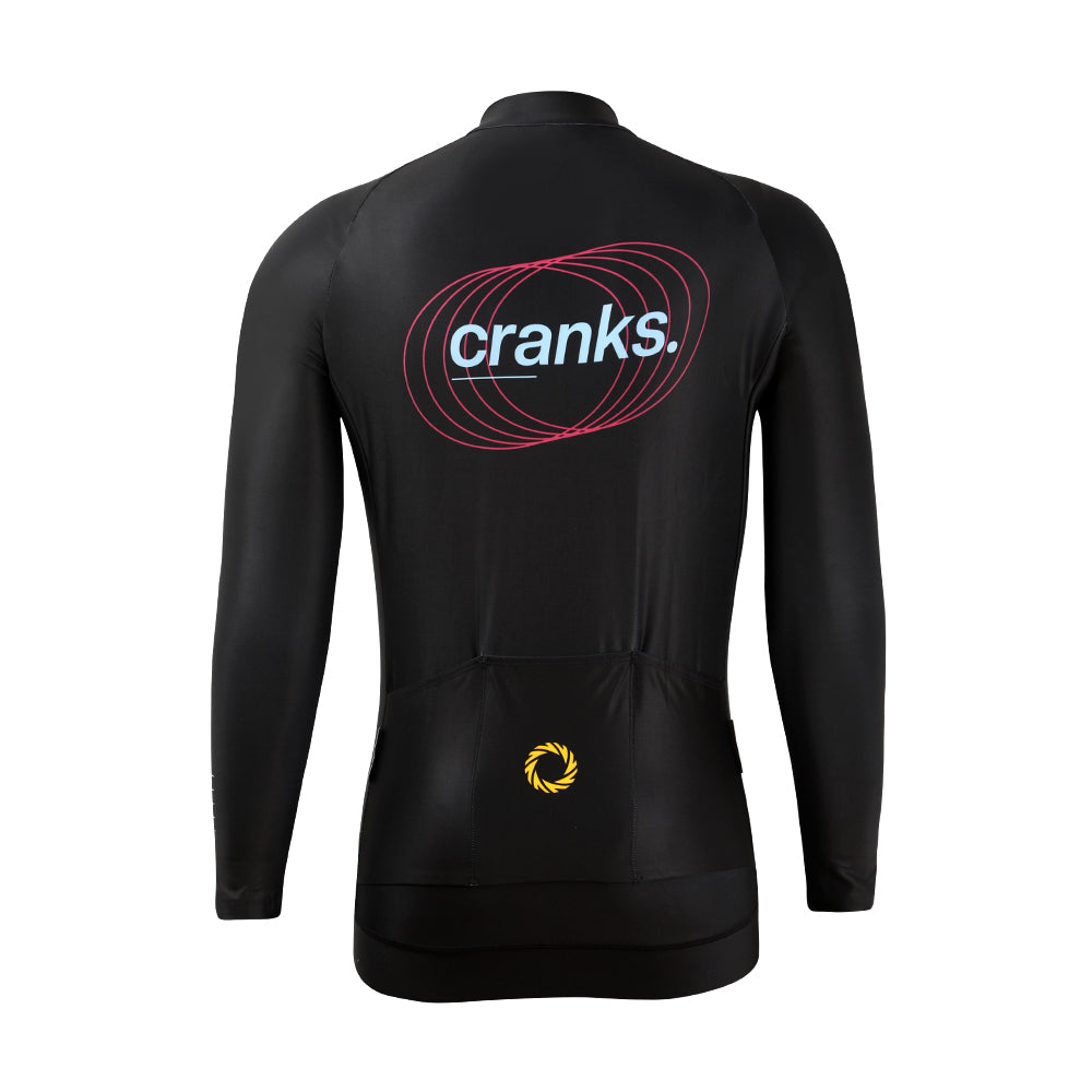 Back view of mens black long-sleeve Pinnacle Thermal Jersey with pink logo and yellow emblem.