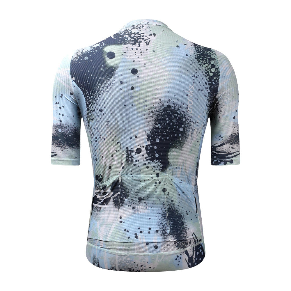Back view of C&C Overspray Jersey for men. Features blue, grey, and black abstract overspray print.