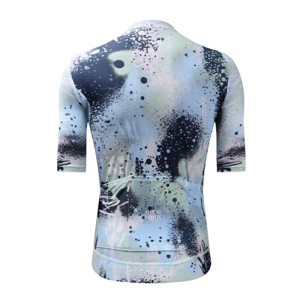 Back view of C&C Overspray Jersey - Women's, with abstract spray paint design in blues, greens & black.