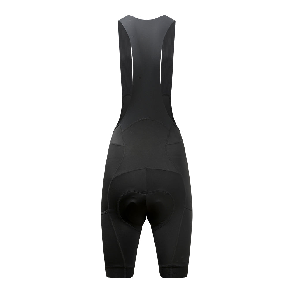 Back view of black women's stealth cargo bib shorts with padded chamois and cargo pockets.