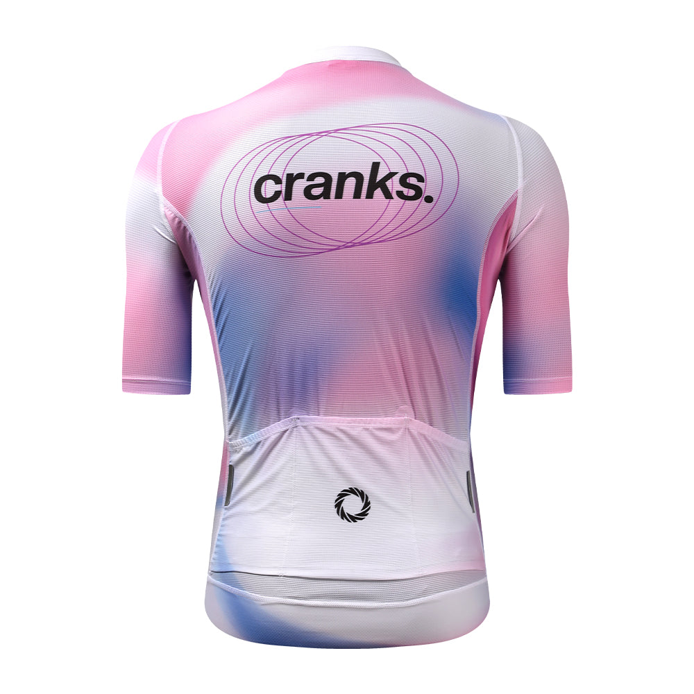 Back view of C&C Drift Jersey - Mens, with pink, white, and blue gradient, and "cranks." logo.