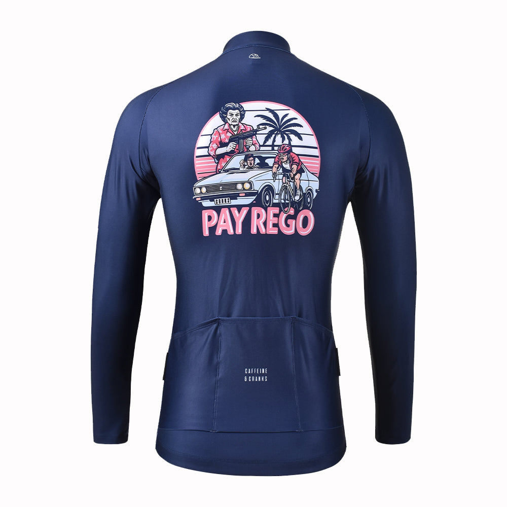 Back view of navy C&C Pay Rego thermal jersey with pink graphic: car, cyclist, palm tree.