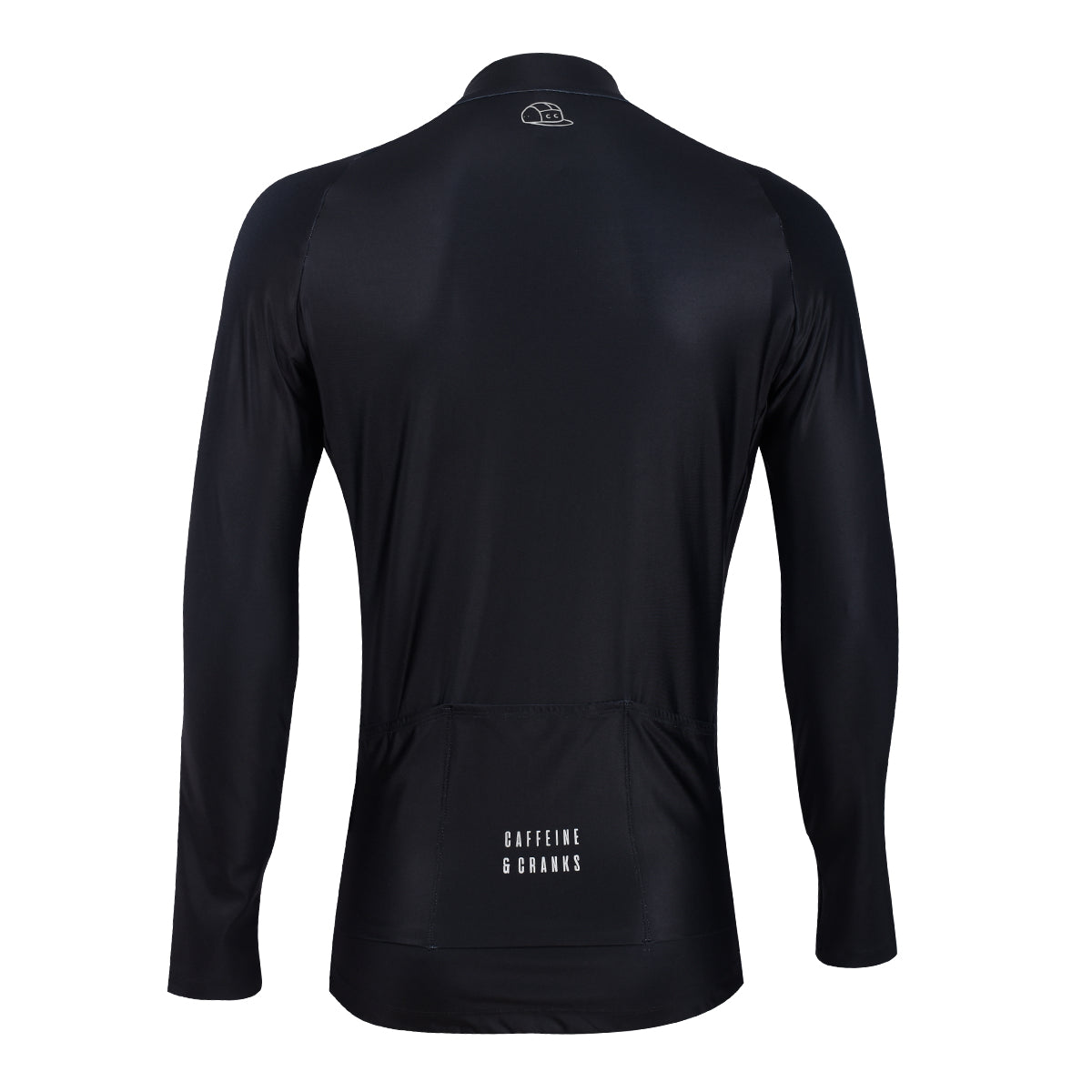 Back view of men's black Core Thermal Jersey with white logo and pocket details.