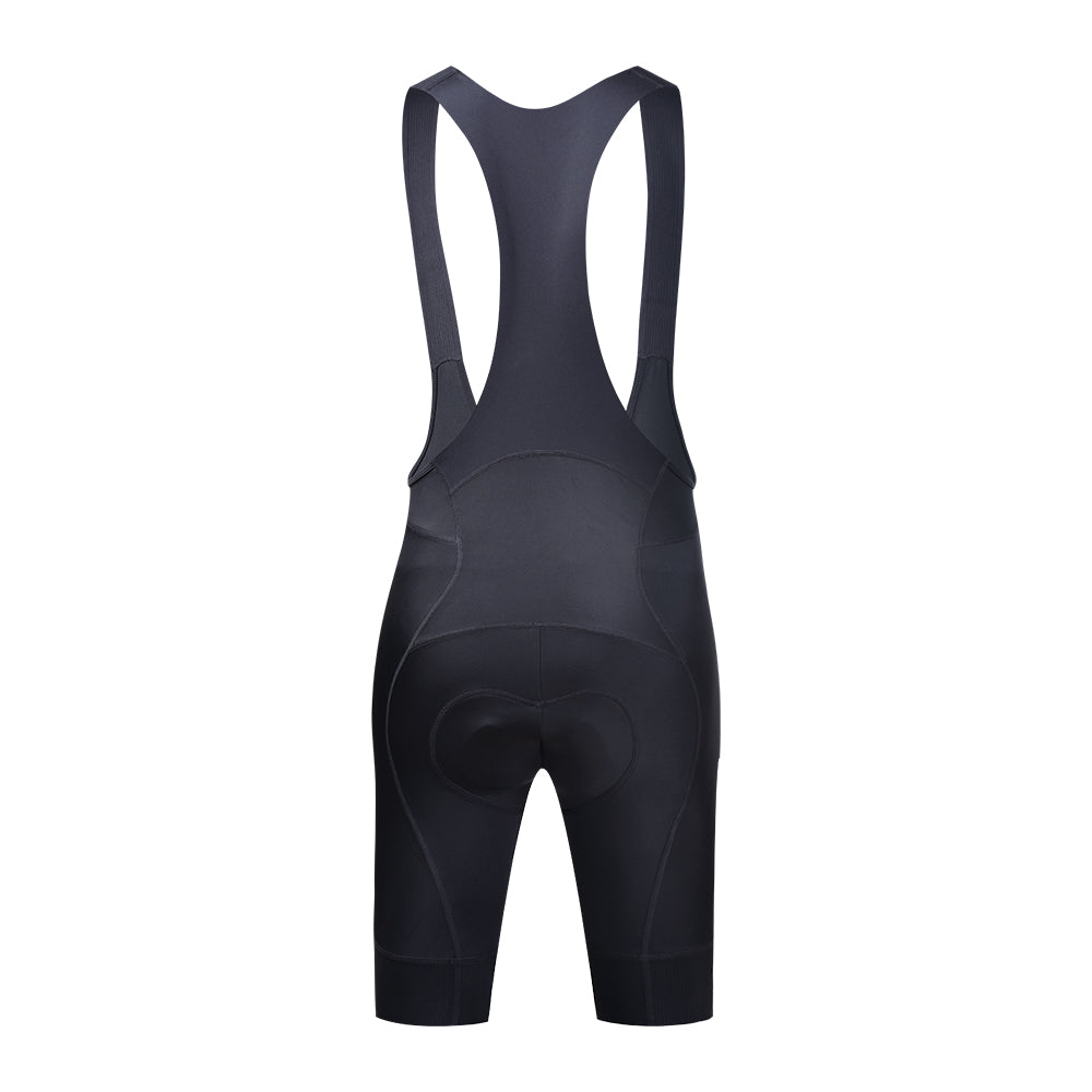 Back view of black women's Core Bib Shorts with padded chamois and wide straps.
