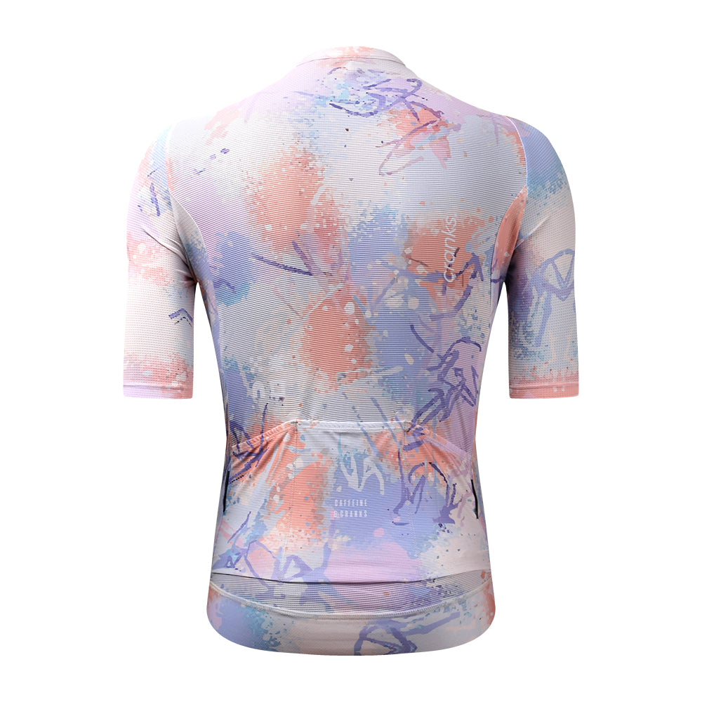 Back view of C&C Vapour Jersey, men's, with abstract paint splatter in pink, purple, and blue.