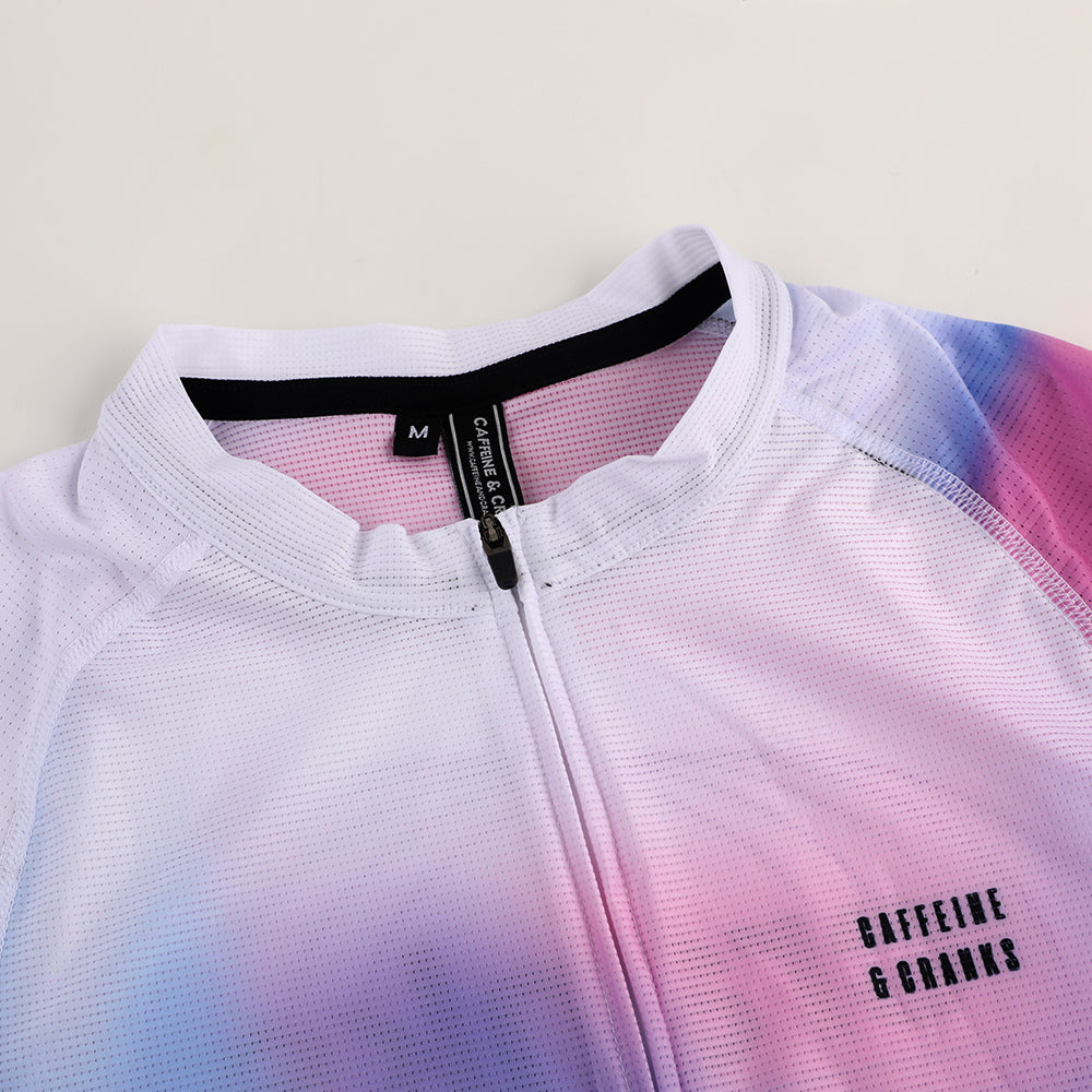 Close-up of men's C&C Drift Jersey. Features a white, pink, and blue ombre design.