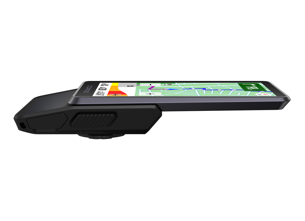 COROS DURA 2 Solar GPS bike computer, side profile showing the slim carbon and alloy body and power button