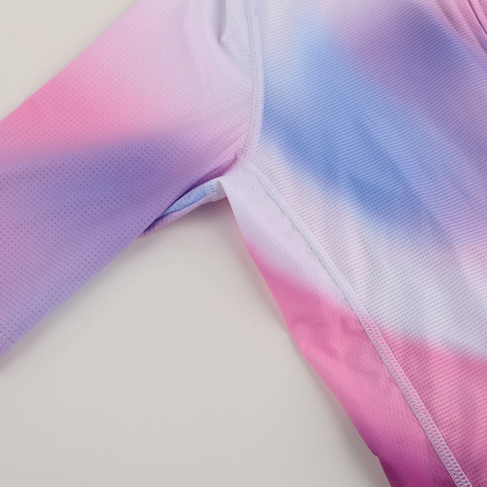 Close-up view of C&C Drift Jersey - Womens, featuring a gradient of pink, purple, and blue colors.