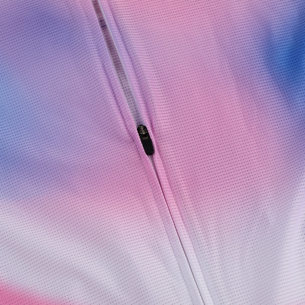 Close-up of C&C Drift Jersey - Womens with pink, purple, and blue tie-dye pattern and black zipper.