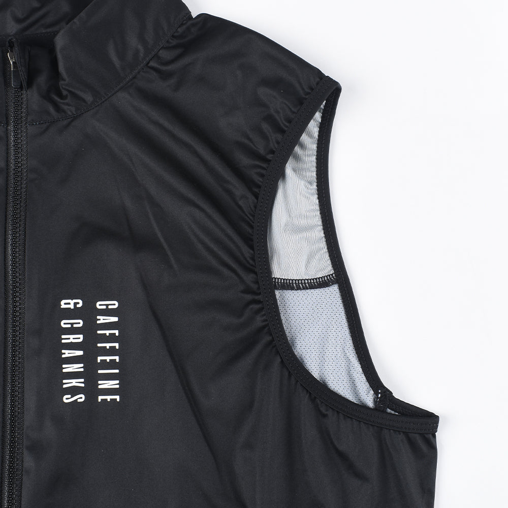 Black C&C Core Gilet - Mens, showing zipper detail and silver mesh lining on the armhole.
