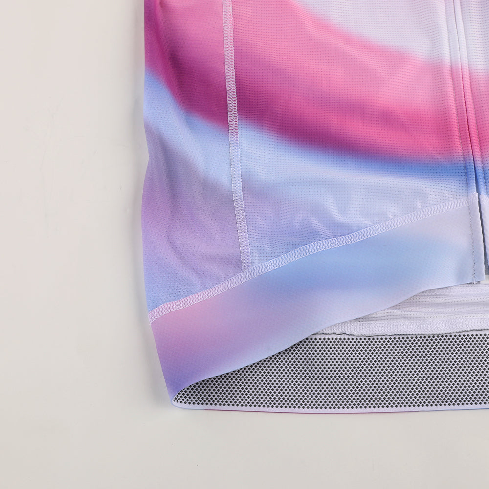 Close-up of C&C Drift Jersey for men, with pink, purple, and blue gradient design and mesh hem.