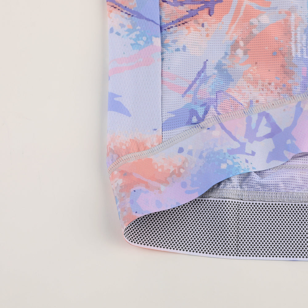 C&C Vapour Jersey - Mens: Close-up of colorful abstract print with coral, purple, and blue hues.