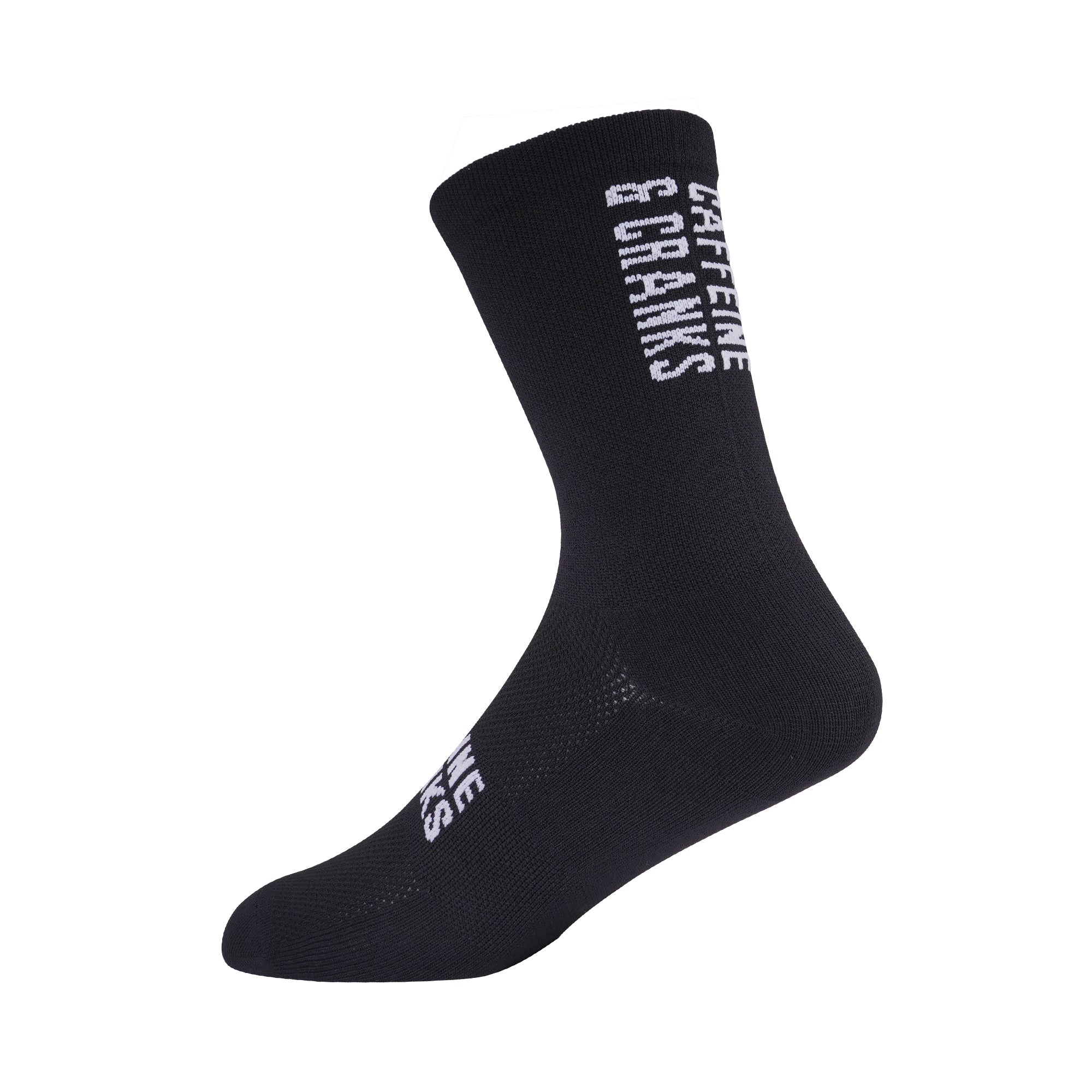 Black C&C Socks v2 with white "CAFFEINE & CRANKS" logo on ankle.