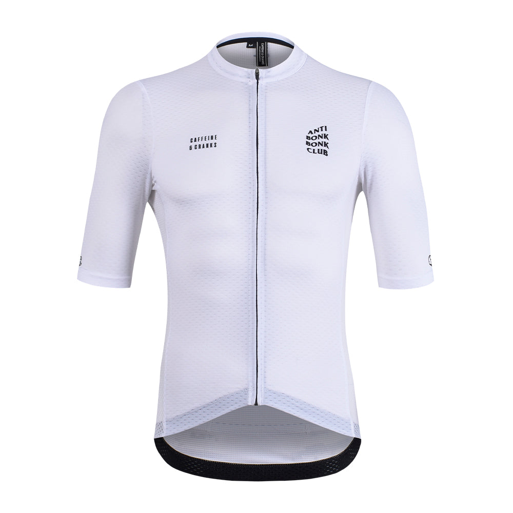 Mens C&C Bonk Club cycling jersey in white. Short sleeves, full zip, black logo details.