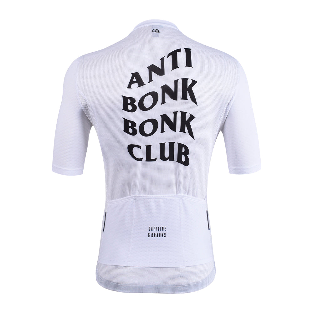 Back view of the C&C Bonk Club jersey in white with bold black "Anti Bonk Bonk Club" text & logo.