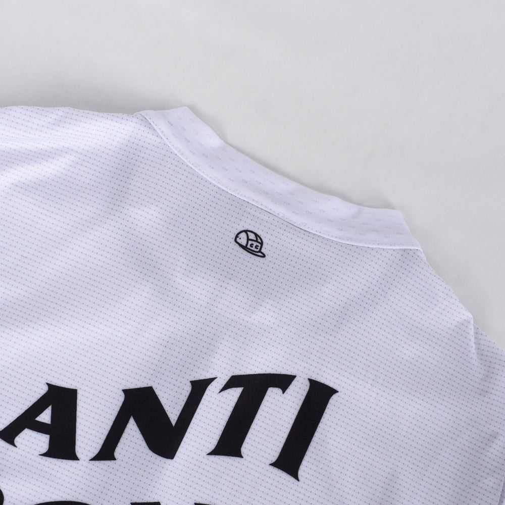 Close-up of the C&C Bonk Club Jersey - Mens in white with black "ANTI" text and embroidered logo.