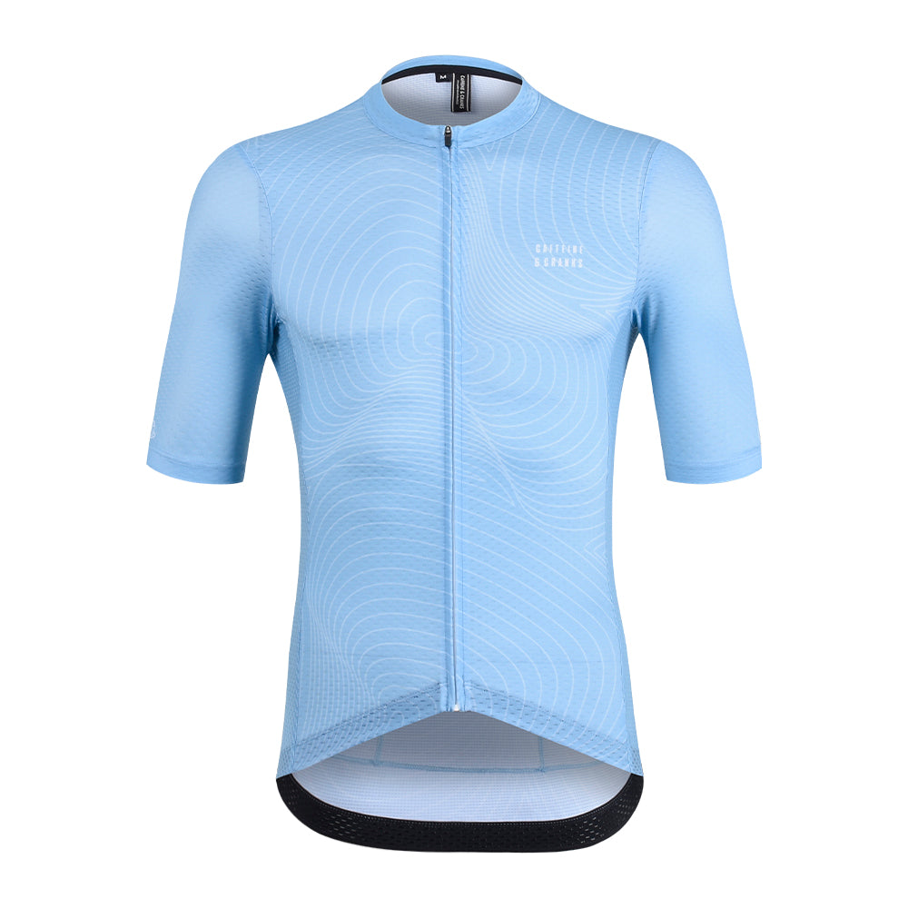 Front view of C&C Cerulean Topo Jersey for men. Light blue with white topographic pattern.