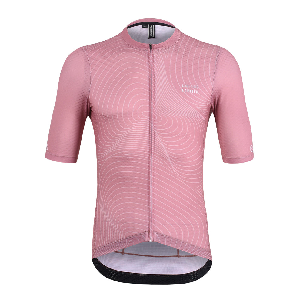 Mens C&C Garnet Topo Jersey front view, pink with white topographic lines.