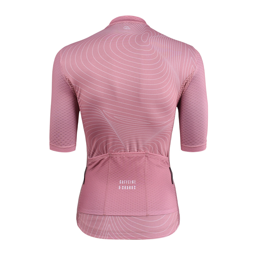 Back view of C&C Garnet Topo Jersey for women in pink with white topographical pattern.