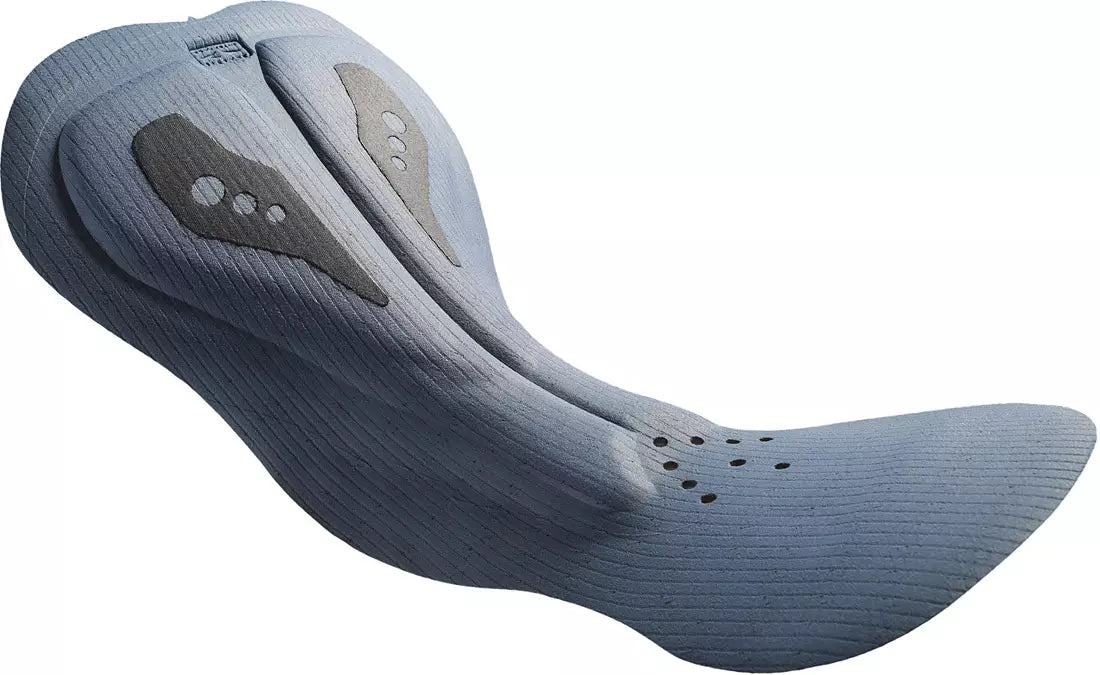 Pinnacle Bib Shorts: Close-up of padded crotch area in blue with grey accents.