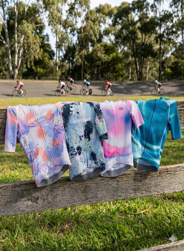 Four cycling jerseys hanging on a wooden fence near a cycling criterium track.