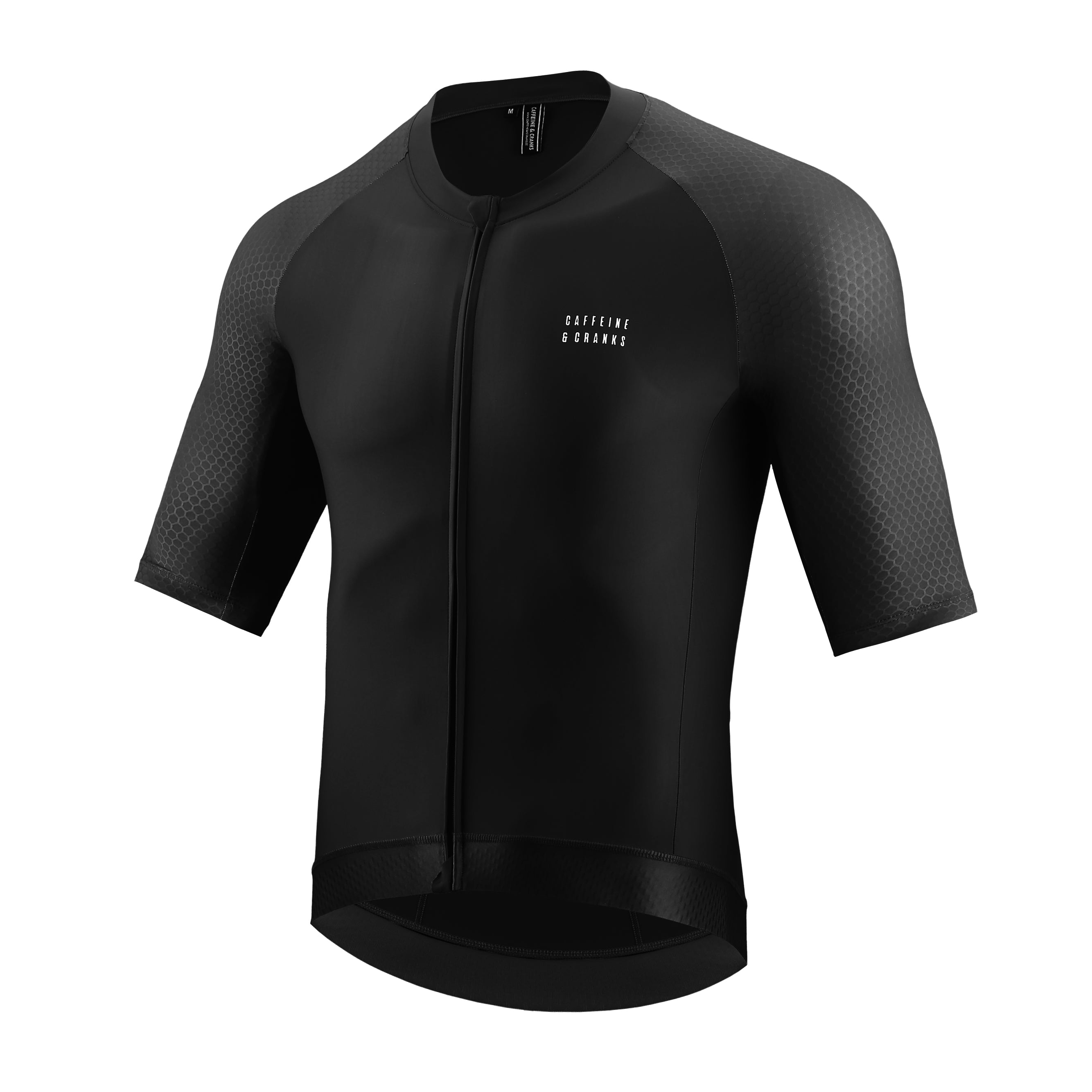 Front view of a men's black full-zip cycling jersey with subtle honeycomb texture on sleeves.