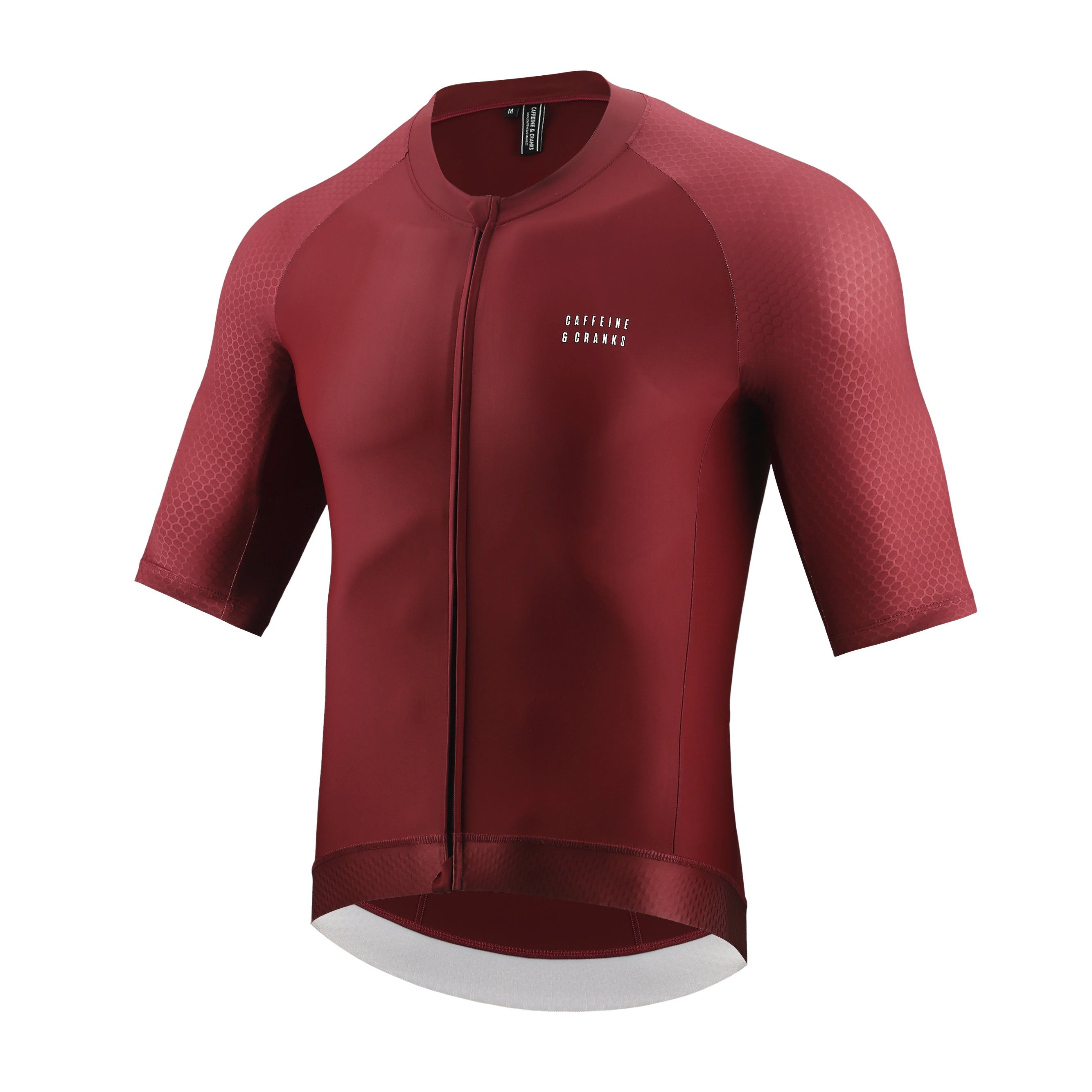 Men's wine Pinnacle cycling jersey with hexagonal sleeve texture and white chest logo.