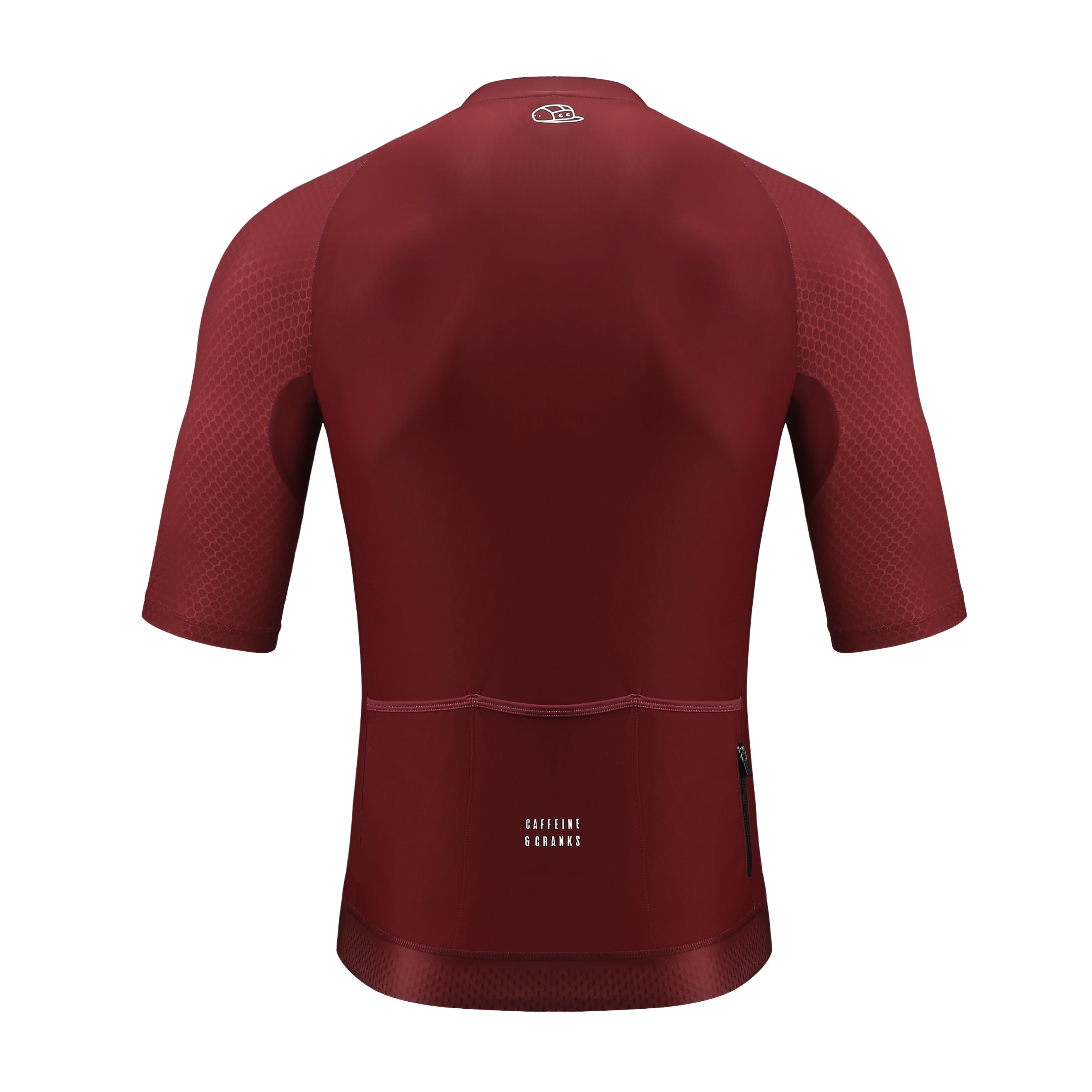 Back view of men's Pinnacle jersey in wine color with honeycomb sleeve detail.