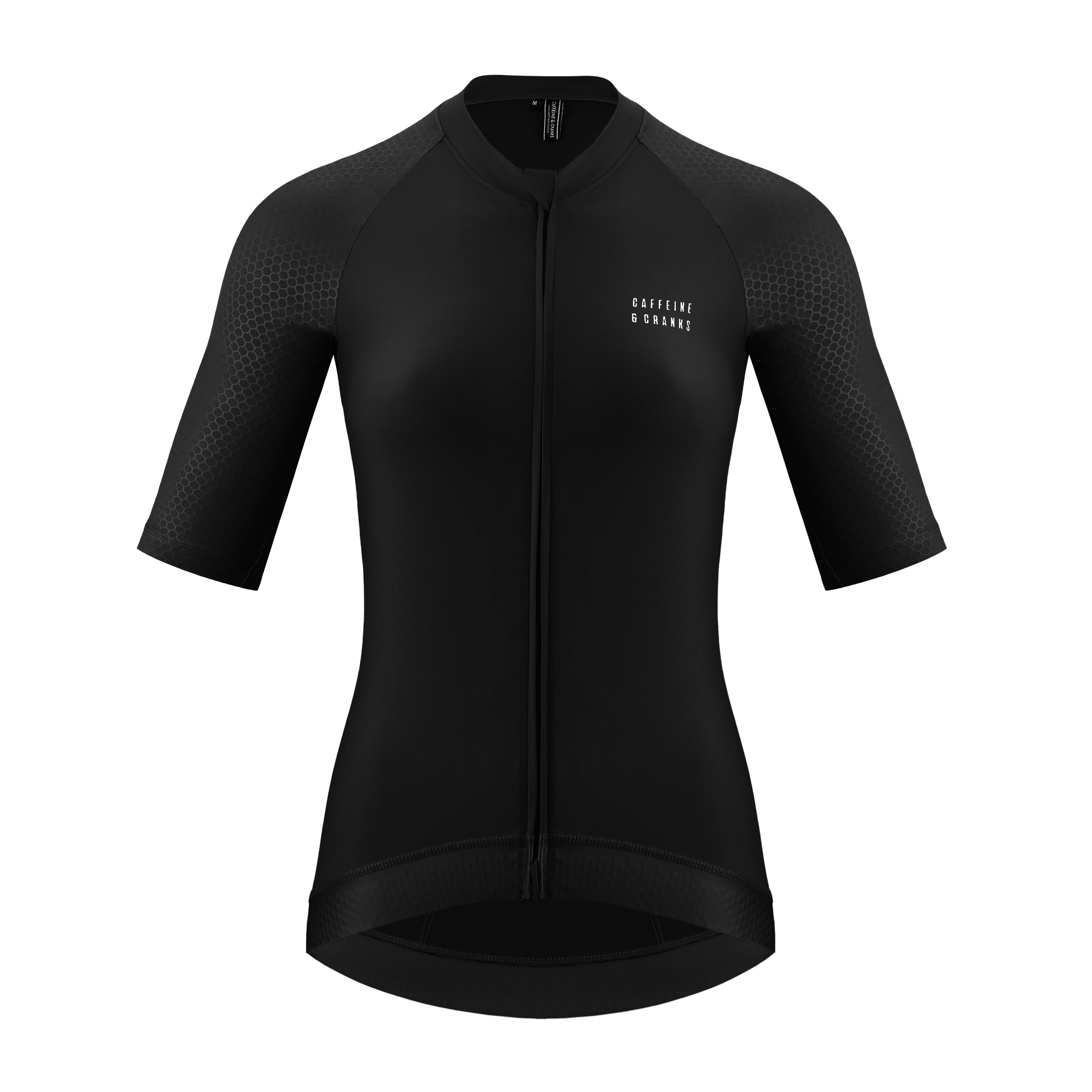 Front view of a women's black Pinnacle jersey with grey honeycomb sleeve detail.