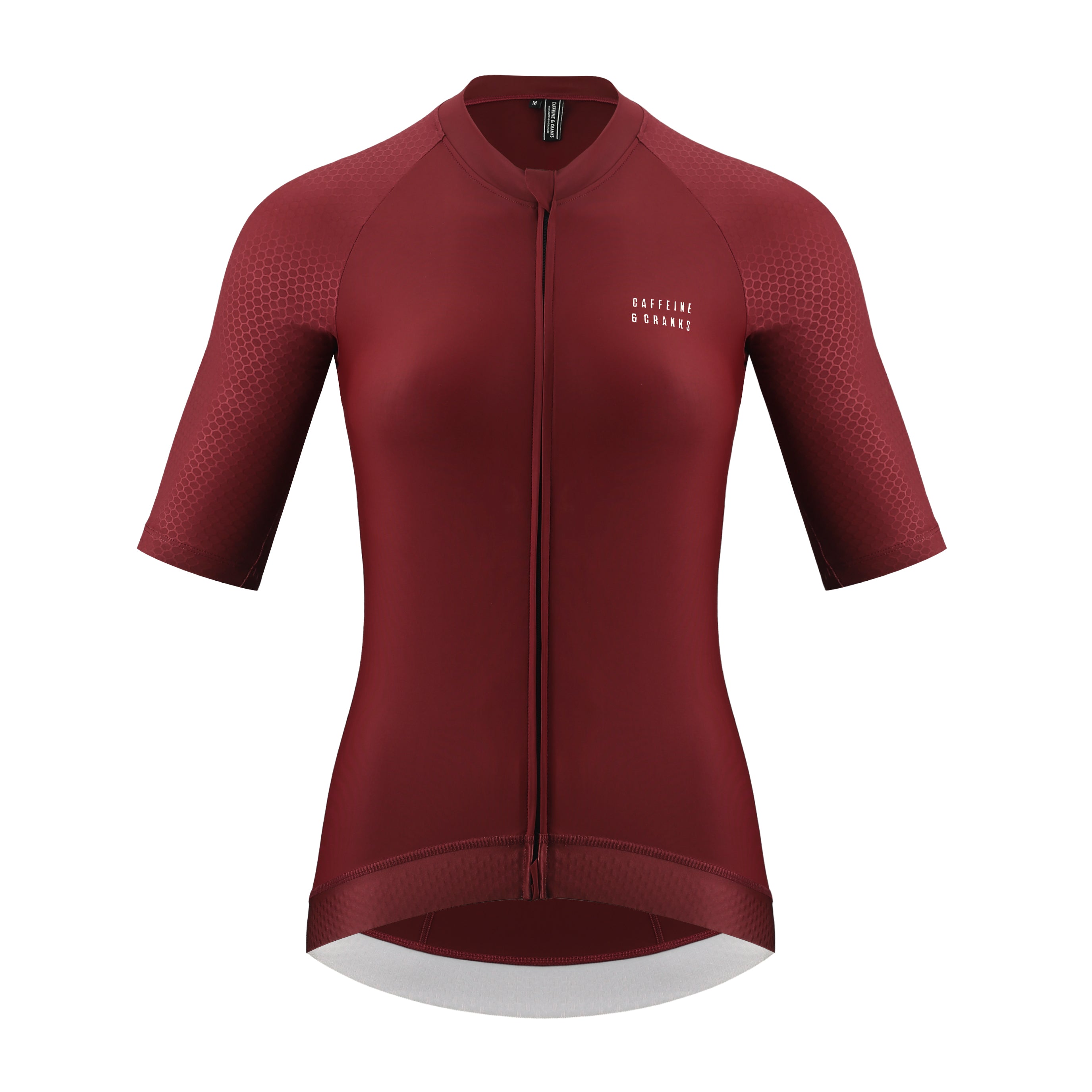 Women's wine-red Pinnacle cycling jersey with honeycomb sleeve detail and white logo.