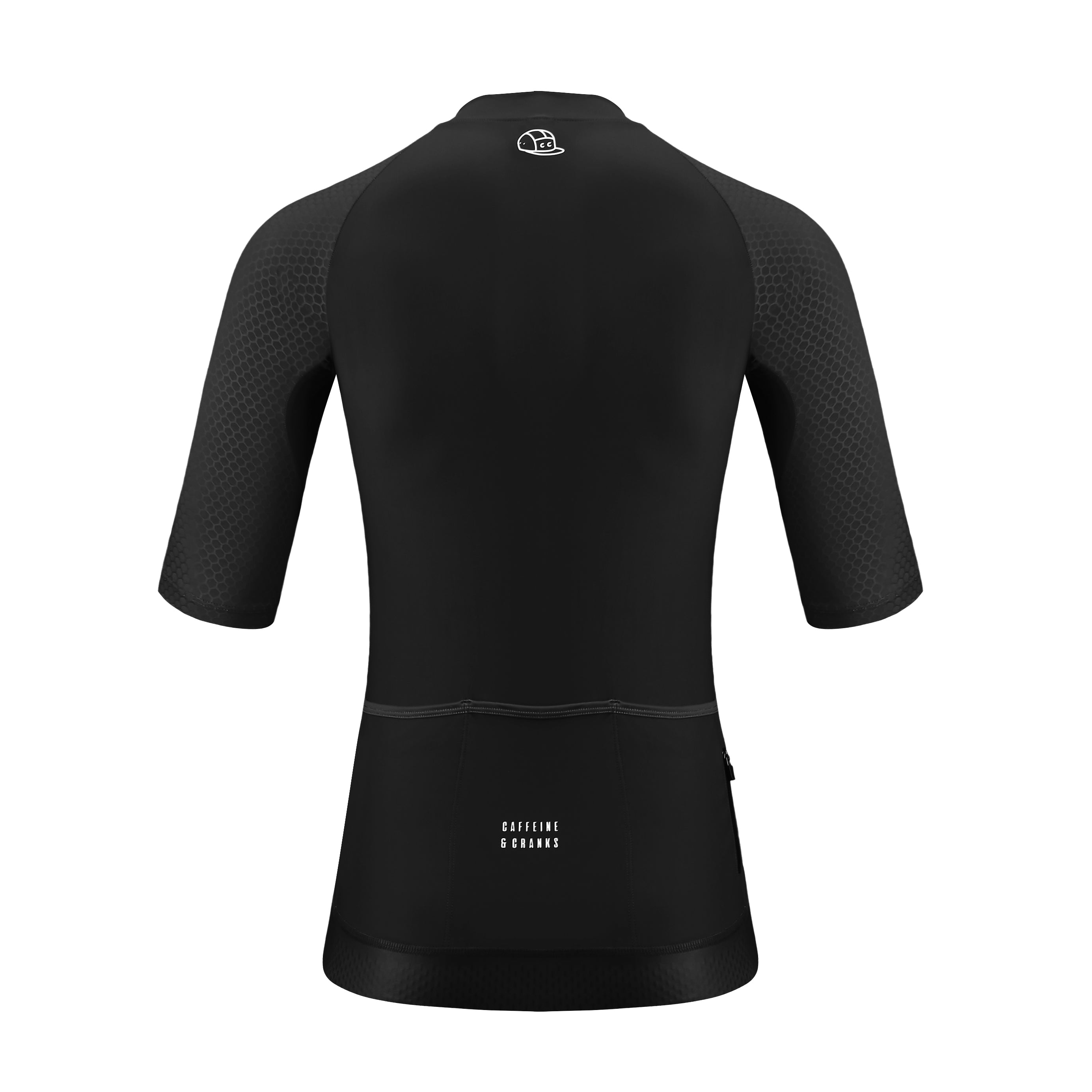 Back view of a women's black Pinnacle jersey with a honeycomb texture on the sleeves & logo.