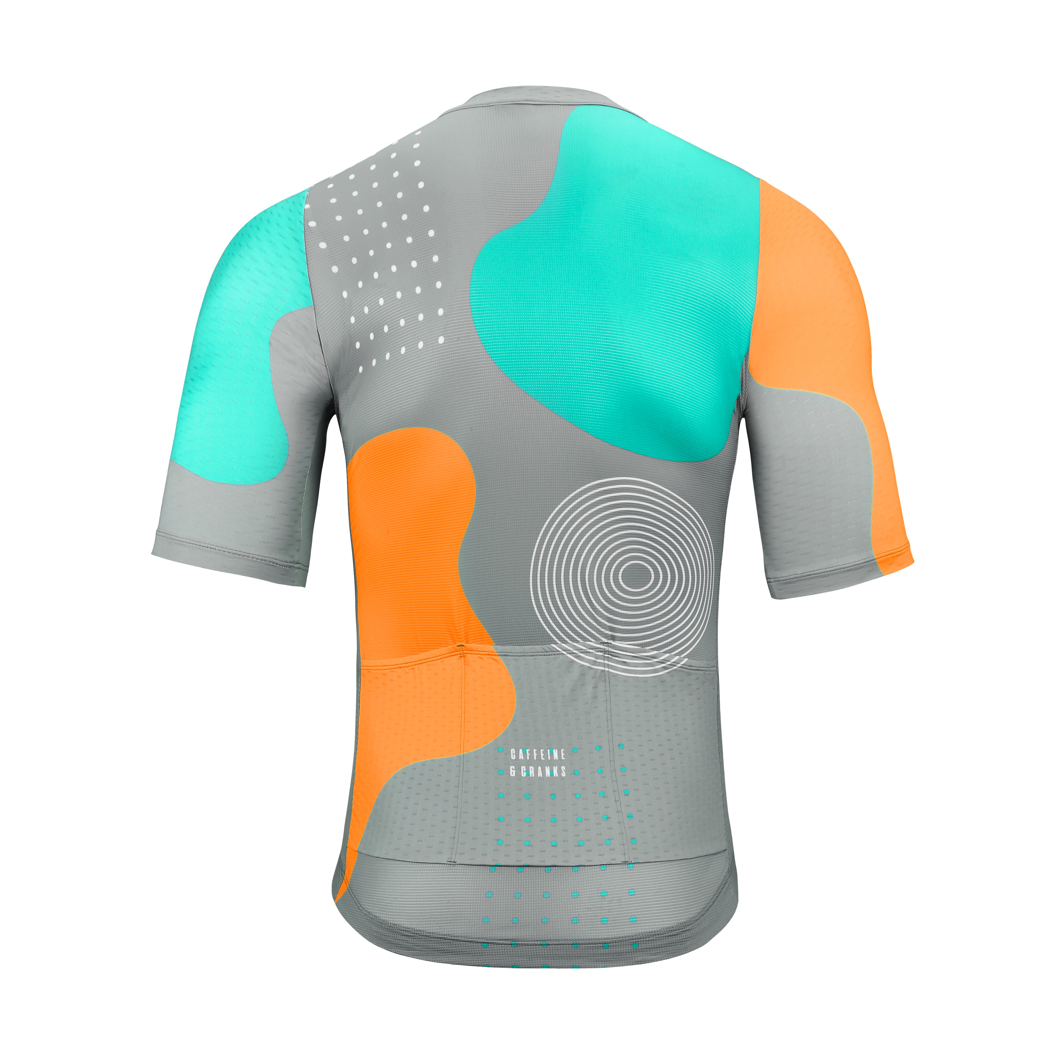 Back view of C&C Memphis Light Jersey in grey with teal & orange abstract shapes and white polka dots.