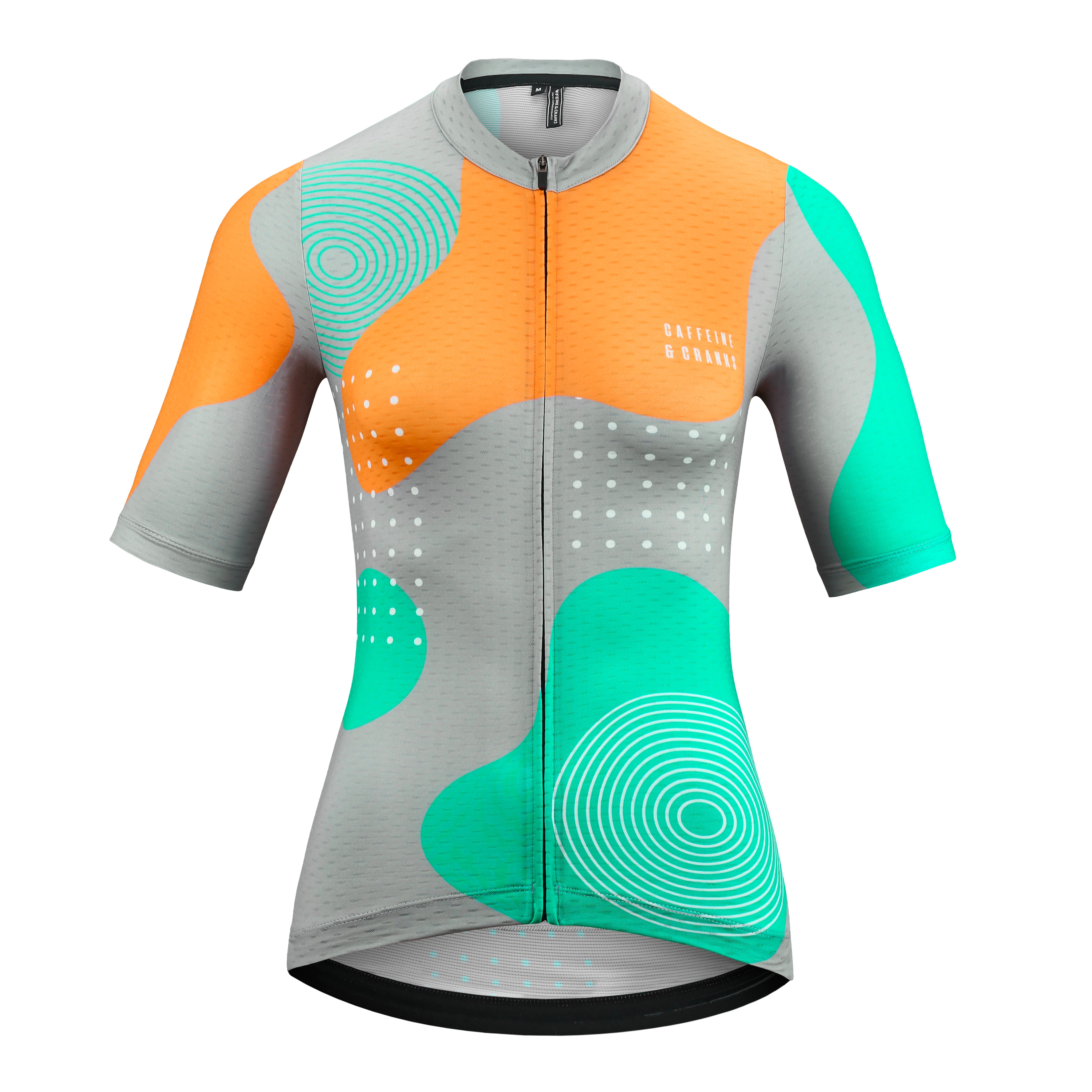 C&C Memphis Womens jersey in grey with orange & teal abstract print, white dots & circles.