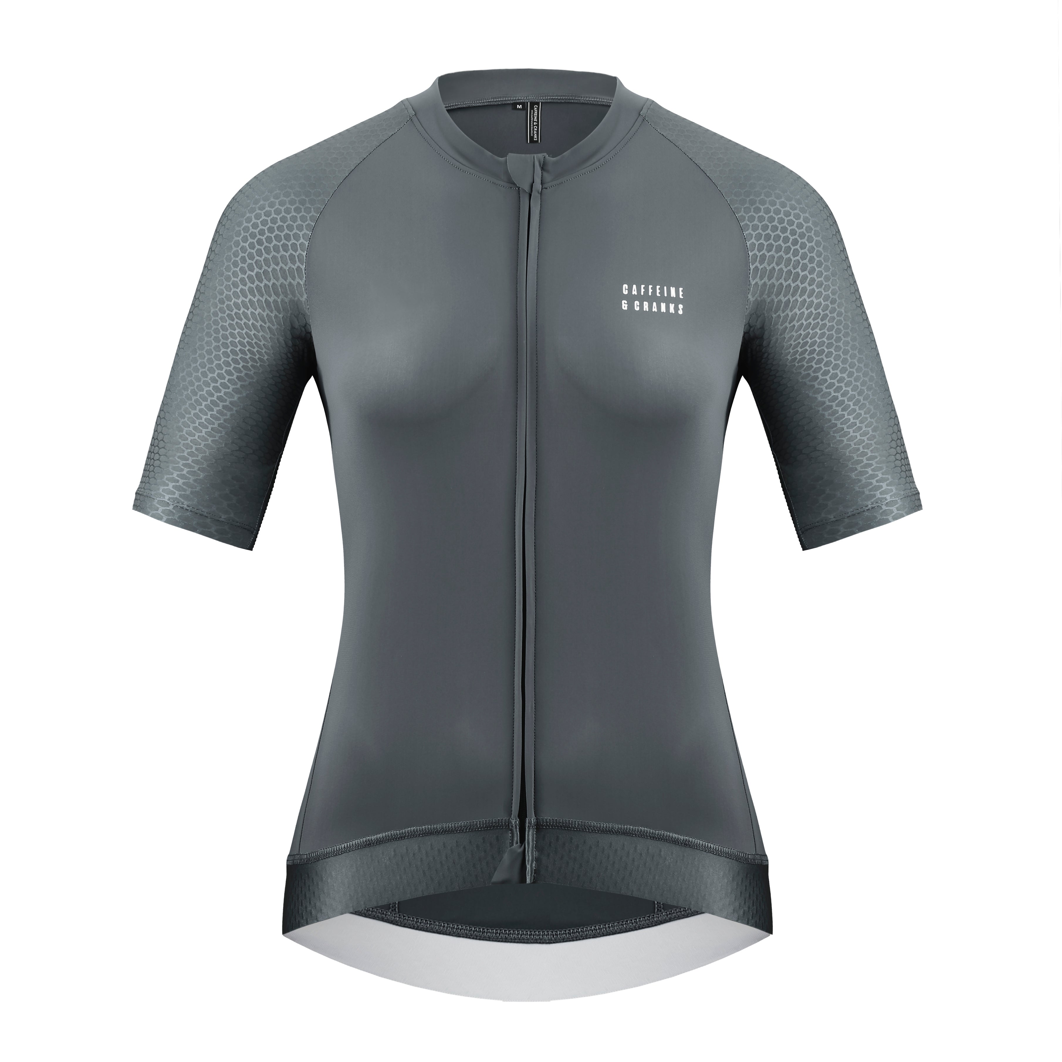 Front view of a women's slate gray cycling jersey with a honeycomb pattern on the sleeves and a white logo.