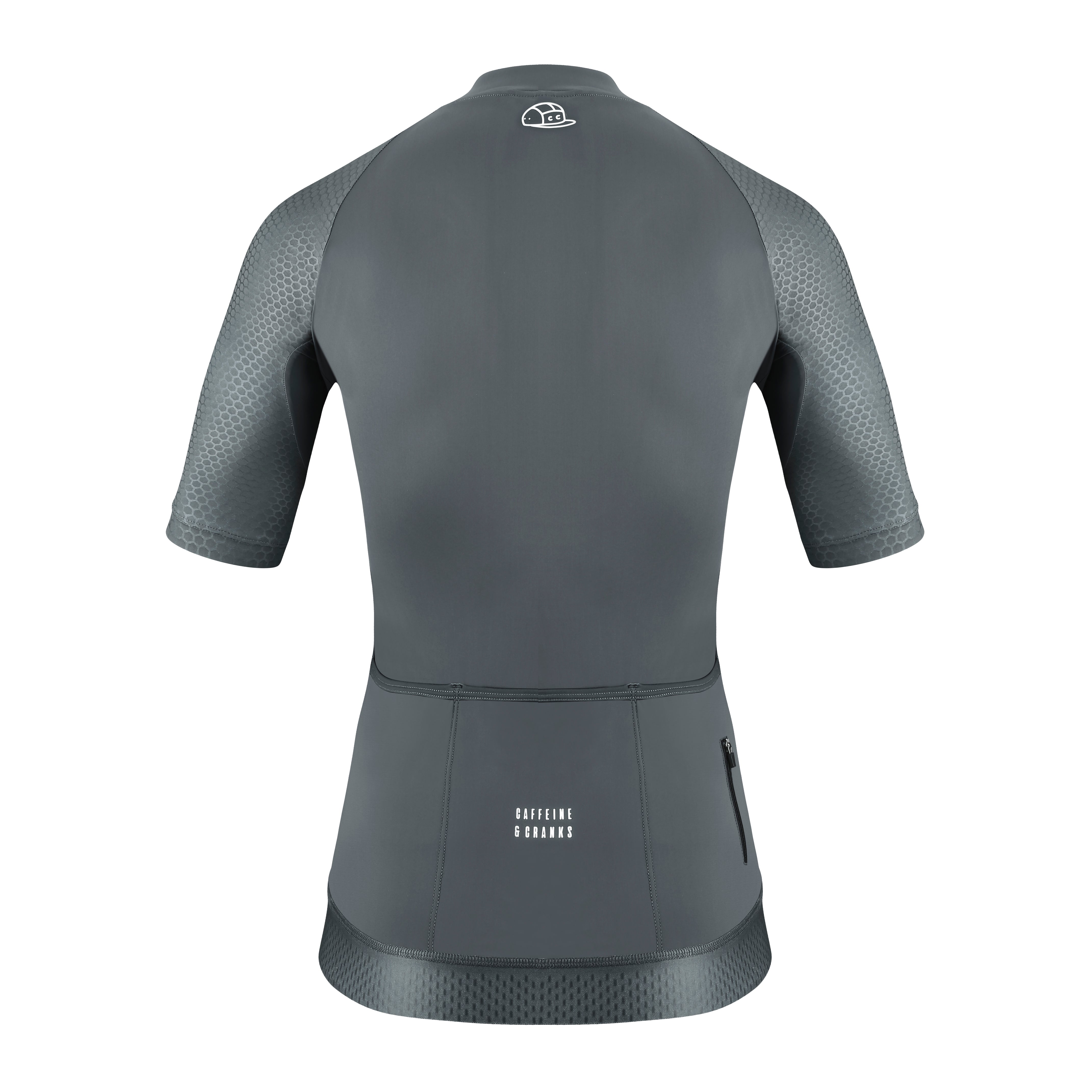 Back view of women's Pinnacle Jersey in slate grey with honeycomb sleeve accents and white logo.