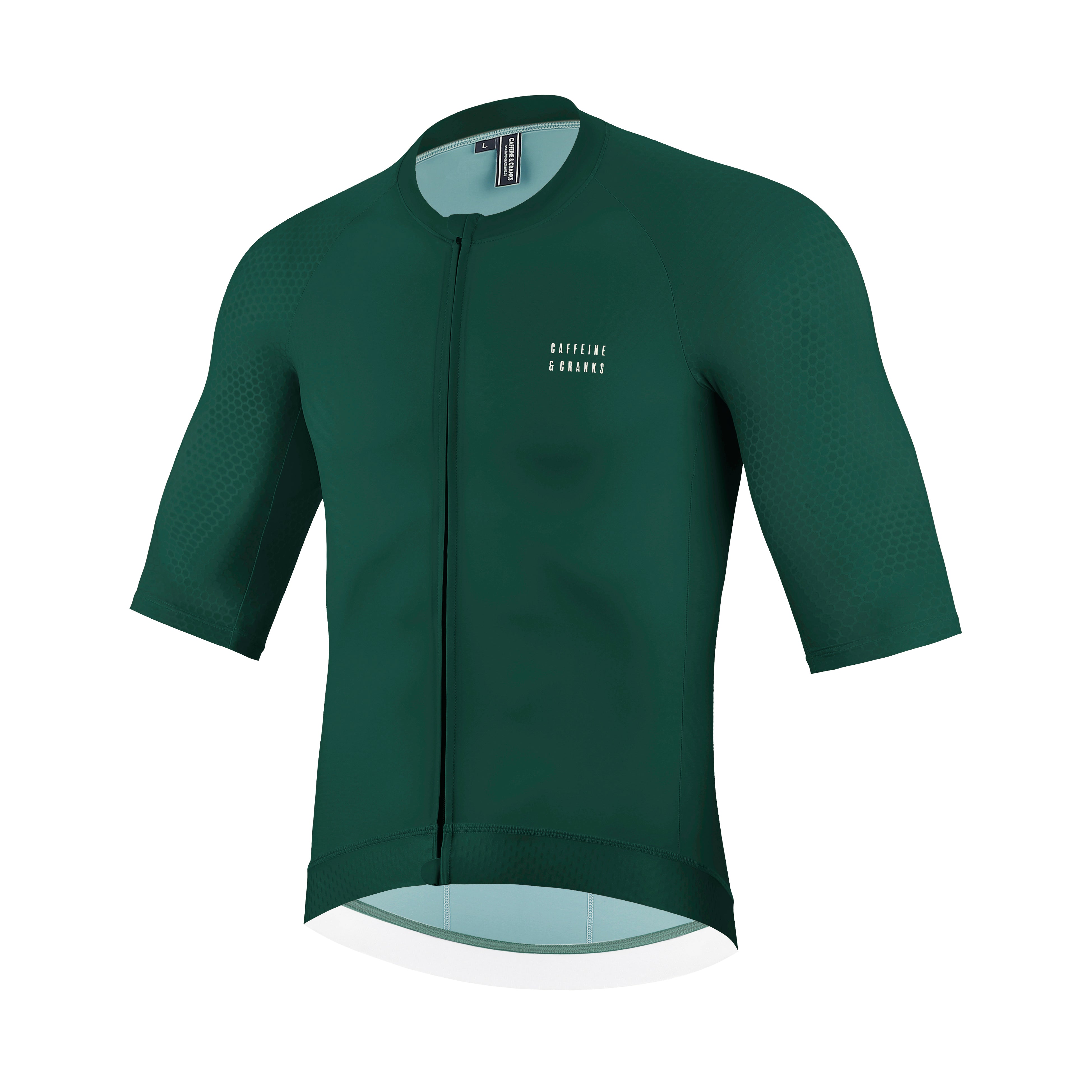 Front view of a men's forest green cycling jersey with a honeycomb pattern on the sleeves.