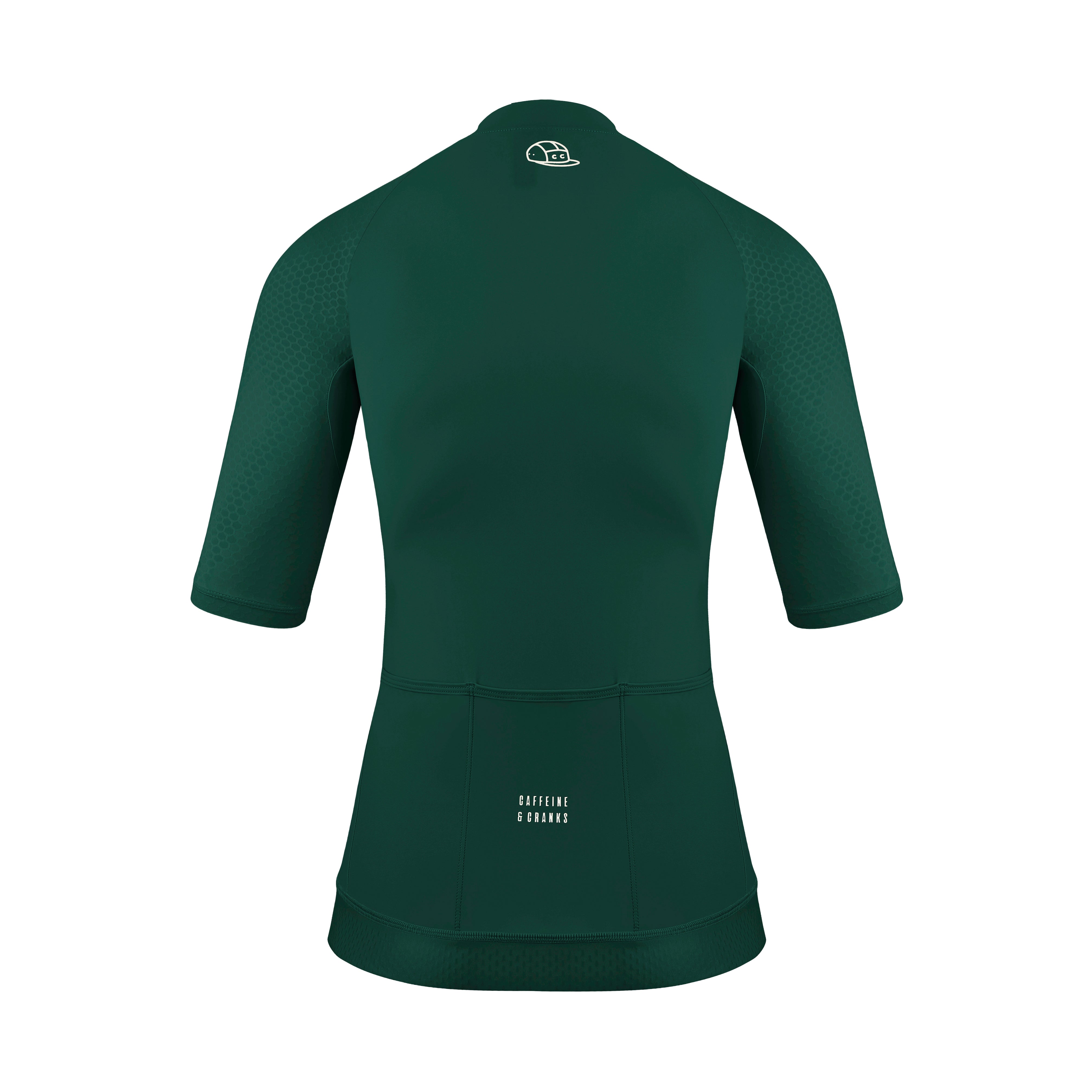 Back view of a women's forest green cycling jersey with textured sleeves and three back pockets.