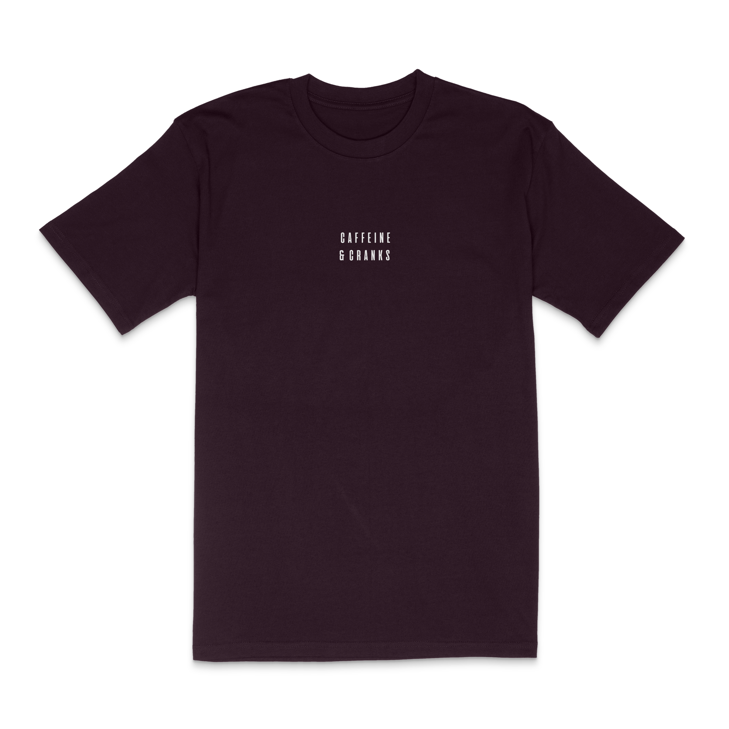 Plum Cranks Classic T-Shirt with white "CAFFEINE & CRANKS" chest logo.