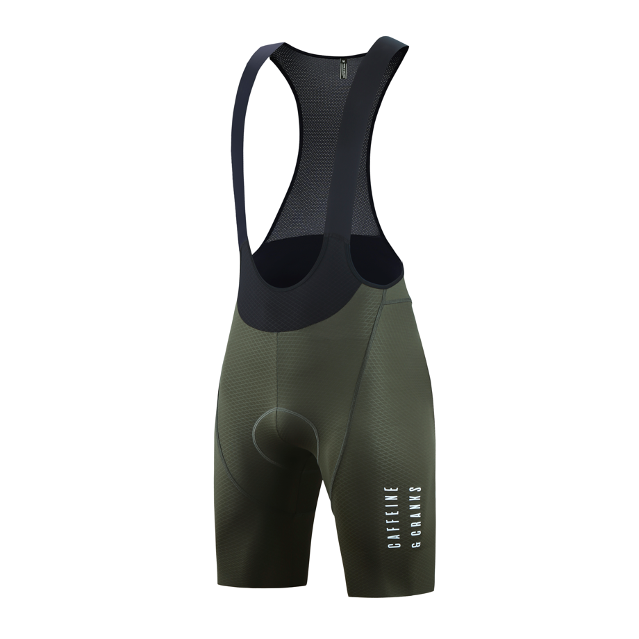 Back view of men's olive bib shorts with black straps and white logo.