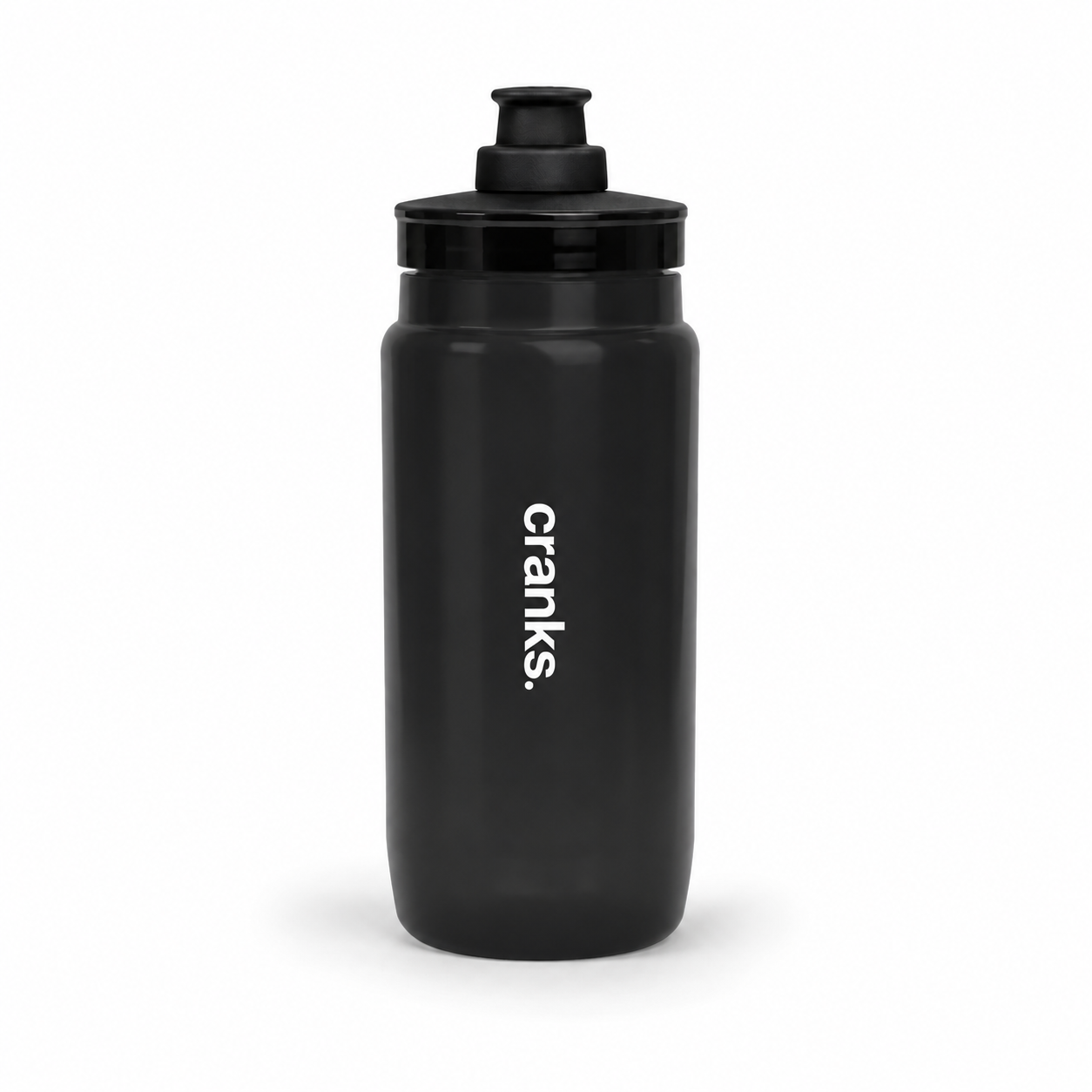 A matte black Crank's water bottle with a matching black screw-on cap, shown on a clean white background.