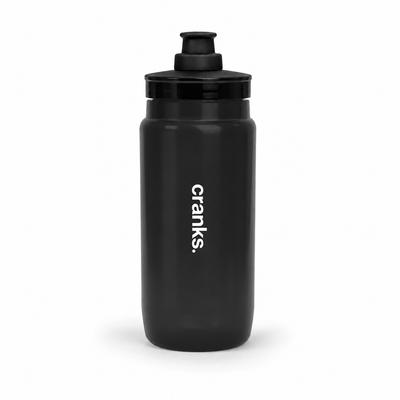 A matte black Crank's water bottle with a matching black screw-on cap, shown on a clean white background.