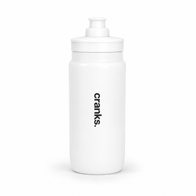 A white plastic water bottle with a matching white screw-on cap, featuring the brand name 'cranks.' printed vertically in black on the front, set against a clean white background.