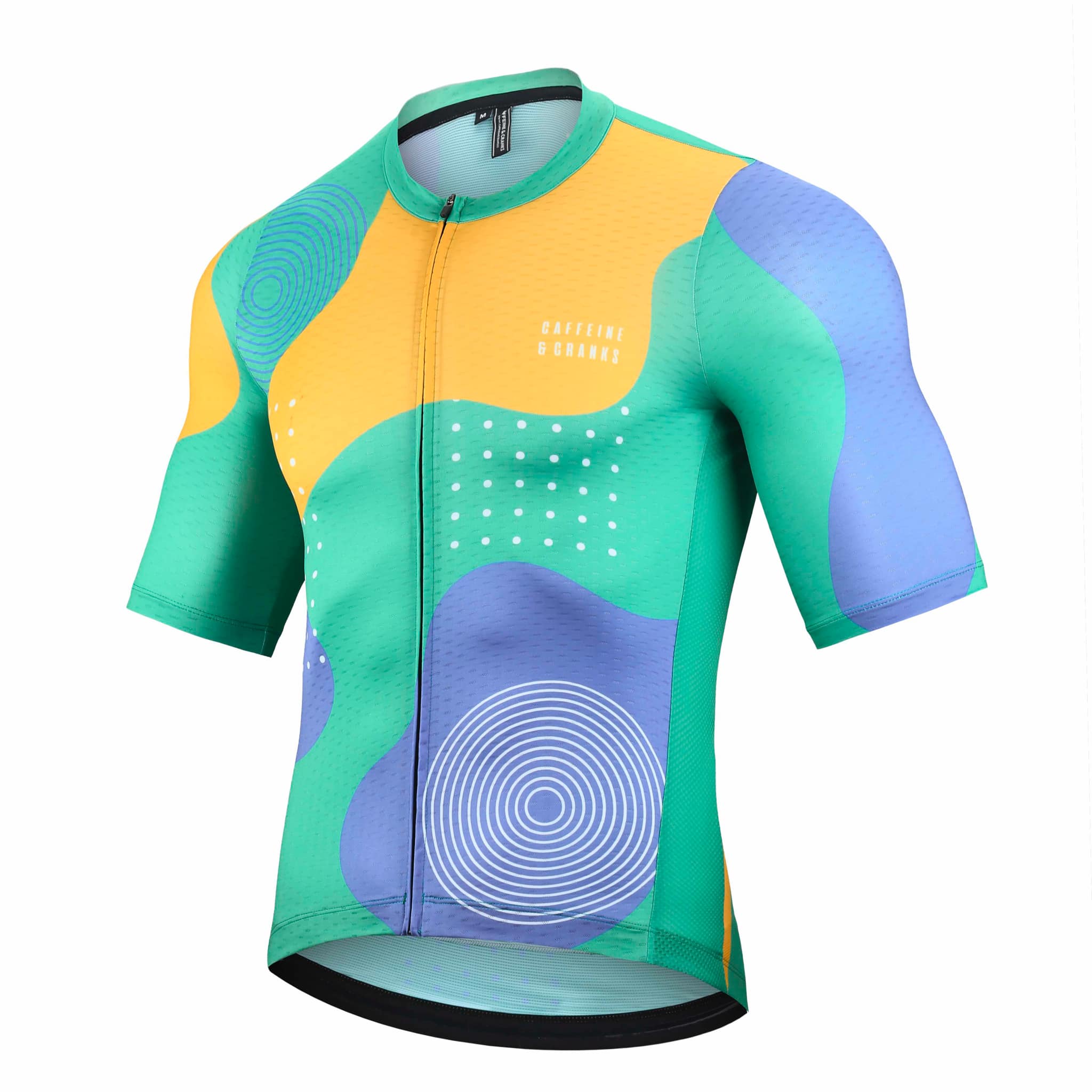 Women's C&C Memphis cycling jersey with green, yellow, and purple wavy abstract print and circle designs.