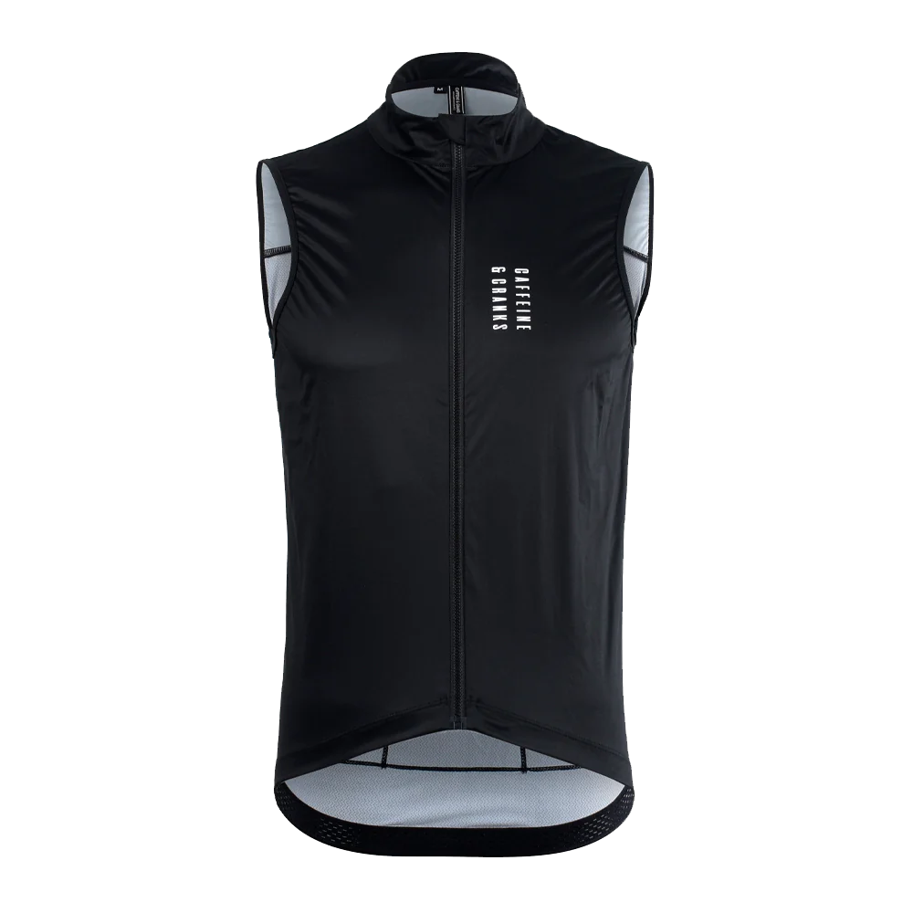 Mens black C&C Core Gilet vest with white logo, lightweight, windproof, cycling apparel.