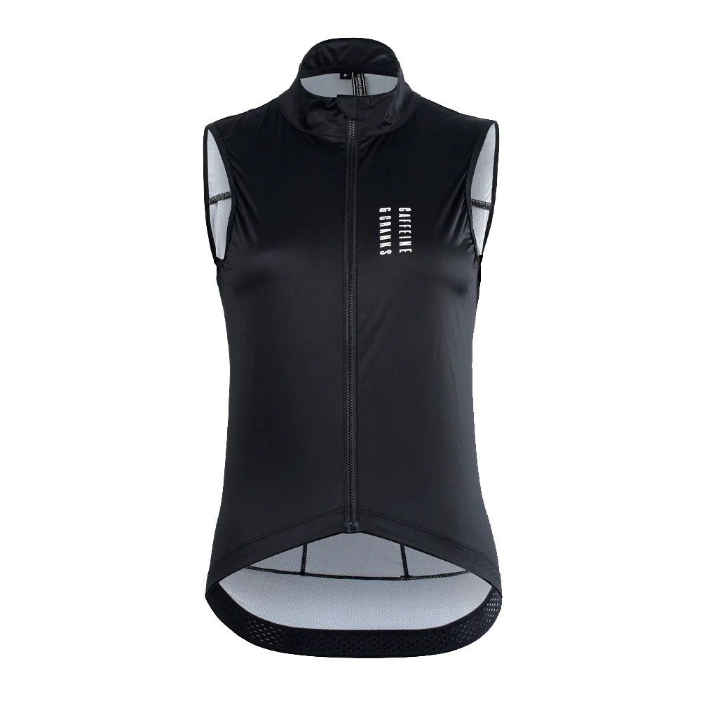 Front view of a women's black C&C Core Gilet with white logo.