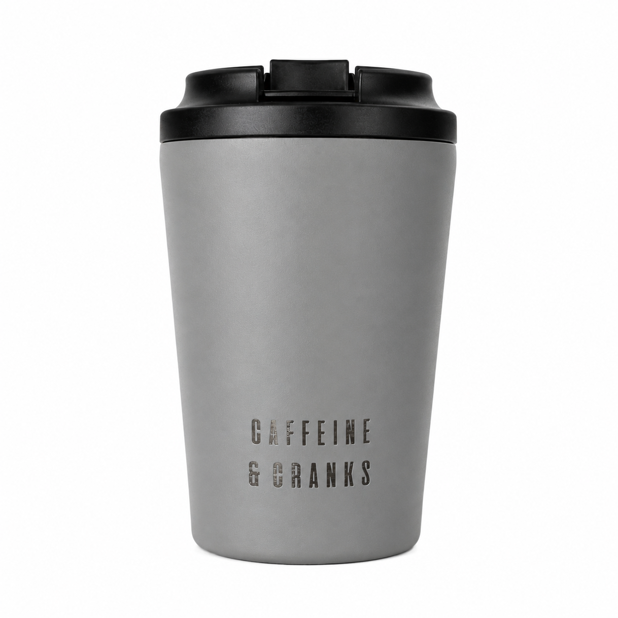Slate Fressko Camino Cup reusable coffee cup – Caffeine & Cranks branding side | Caffeine & Cranks Australia