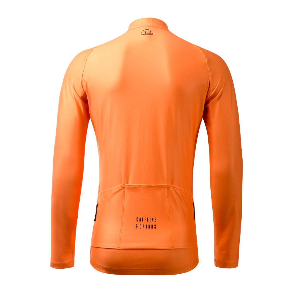Back of orange men's long-sleeve thermal jersey with rear pockets and logo.